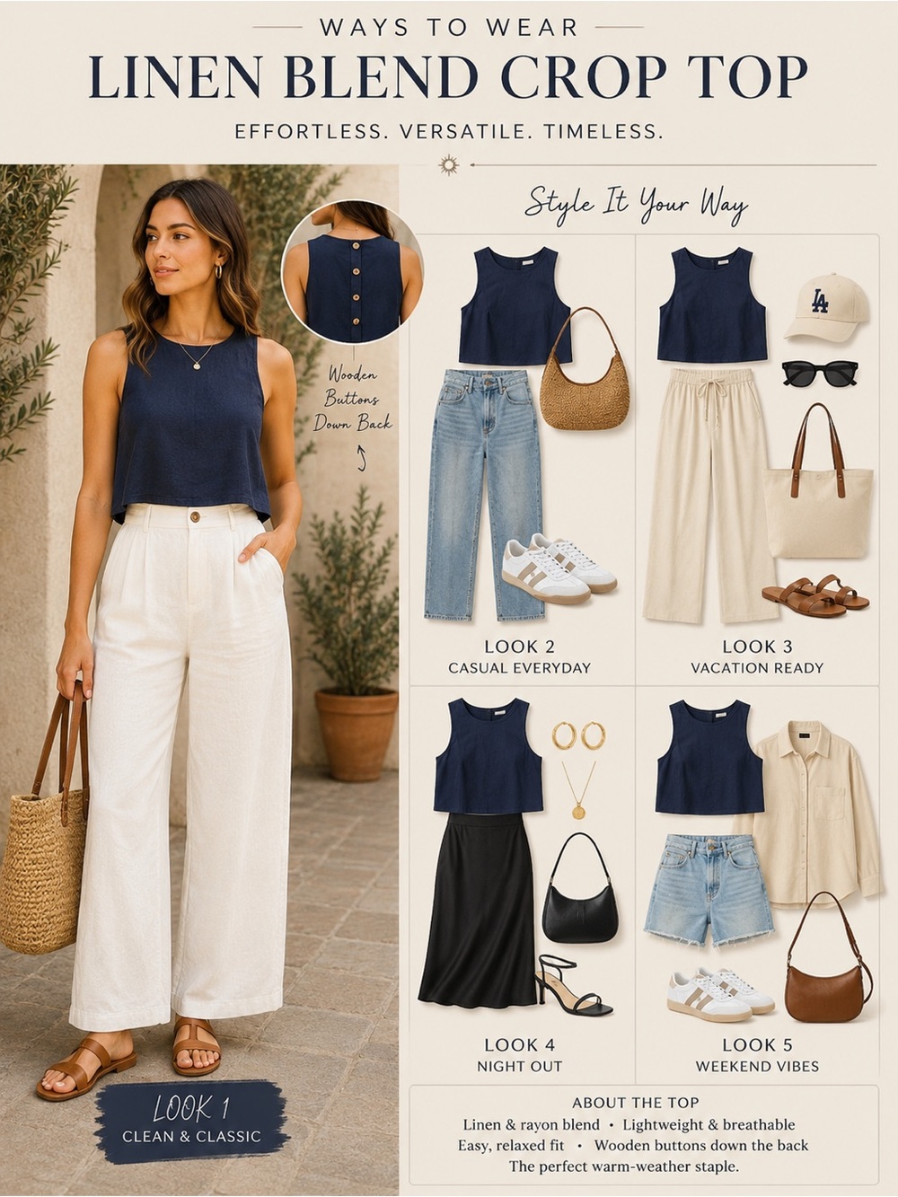 🔹 Navy Linen Blend Crop Top | Wooden Button Back Detail Size Medium